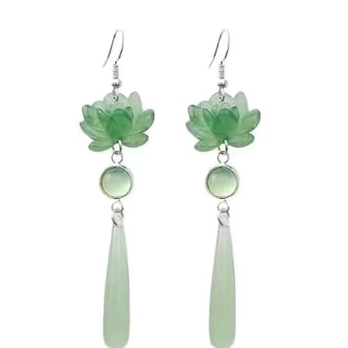 Neo-chinese Style Jade Lotus Drop Earrings Long Tassel Lotus Flower