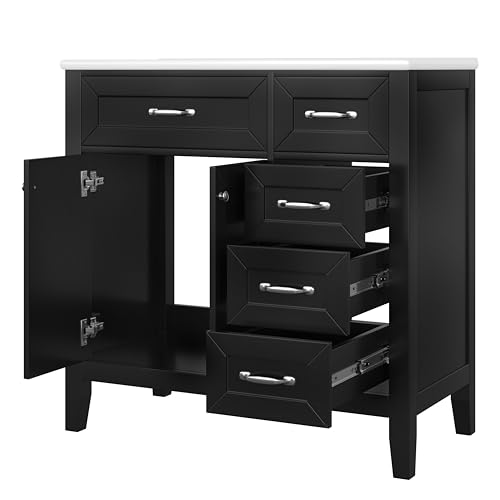 Image of Favfurish 36 inch Bathroom Vanity with Ceramic Sink,Undermount Single Basin Bath Vanity Set w /2 Soft-Close Doors and 3 Drawers,Modern Freestanding Storage Cabinet,Solid Wood Frame,Black