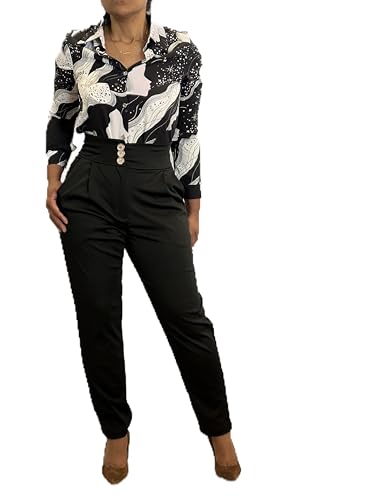 Women's High Waist Dress Pants, Elastic Waistband with 3 Buttons, Black, Casual Style