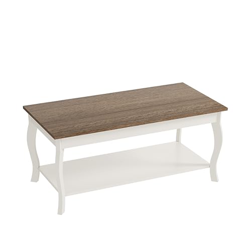ChooChoo Coffee Table, Rustic Center Table with Curved Legs and Storage Shelf, 39" Coffee Table for Living Room, Soft White