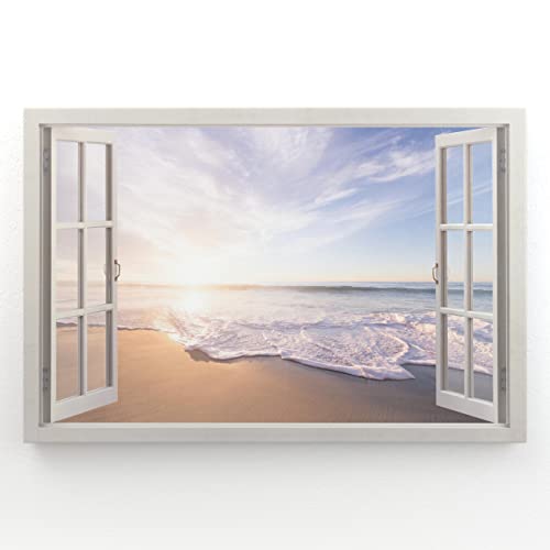 Estika - Cuadros de lienzo con vistas a la ventana - playa, mar - 120 x 80 cm - 1 pieza mural, imagen sobre lienzo, decoración moderna para sala de estar dormitorio - cuadros paisajísticos naturales -