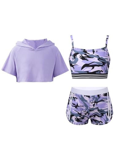 Jowowha Kinder Hip Hop Kleidung Mädchen Sweatshirt Camouflage Sport BH Tops + Shorts Sport Jazz Tanzkleidung Streetwear A Lila 134-140
