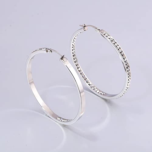 Ladies Earring Hoops-Stainless Steel Hoop Earrings For Women White Cubic Zirconia Large Big Hoop Earrings Hypoallergenic For Sensitive Ears #TOP4