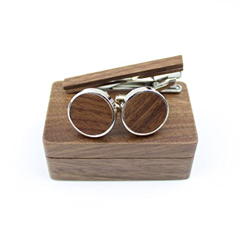 Rustic Black Walnut Wooden Round Cufflinks Tie Clips With Organizer Box for Men