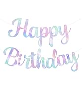 PatiCool Iridescent Happy Birthday Banner - Pre-Strung,Holographic Happy Birthday Sign Garland 9....