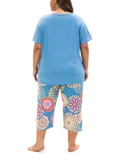 Image of Plus Size Pajamas for Women Set, Womens Plus Size Short Sleeve V Neck Capri Pants Pajama Sets with Pockets