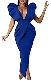 Memoriesea Women's Sexy Deep V Neck Puff Sleeve Side Split Ruched Backless Gown Dress Royal Blue