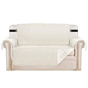 H.VERSAILTEX Reversible Loveseat Cover Furniture Protector Anti-Slip Water Resistant 2 Inch Wide Elastic Straps Couch Covers Pets Kids Fit Sitting Width Up to 46″(Love Seat: 75″ x 90″, Ivory/Beige)