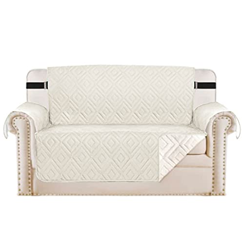 H.VERSAILTEX Reversible Loveseat Cover Furniture Protector Anti-Slip Water Resistant 2 Inch Wide Elastic Straps Couch Covers Pets Kids Fit Sitting Width Up to 46″(Love Seat: 75″ x 90″, Ivory/Beige)