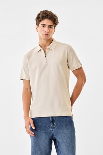 Image of SNITCH Men Polo T-Shirt | Modern Zip Closure & Textured Weave Design | 100% Cotton Breathable Fabric & Regular Fit Minimalist Style, Versatile Casual Wear