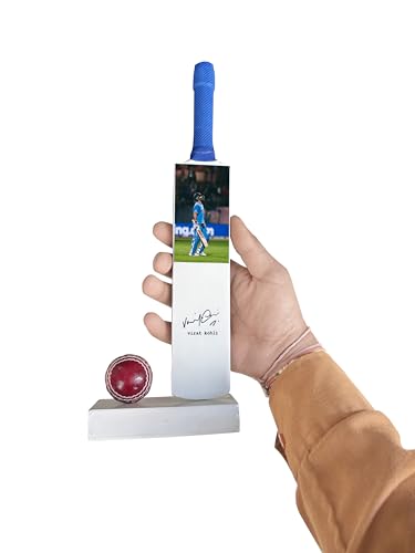 Image of Wood Decorative Cricket Miniature Set Virat kohli Autograph Printed (Not Original), Autographed Mini Bat with Display Stand and Ball, Sports Memorabilia Showpiece