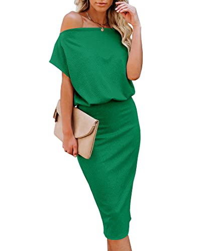 Image of EZBELLE Women's Summer Dress Off The Shoulder Short Sleeve Ribbed Casual Party Bodycon Midi Dresses