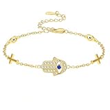 Dreamboat Sterling Silver Evil Eye Bracelet for Women Fatima Hamsa Hand Bracelet Protection Nazar Bracelet Turco Mal De Ojo Bracelets Gold Plated Pulsera La Mano De Blue Cross Evil Eye Jewelry Gifts