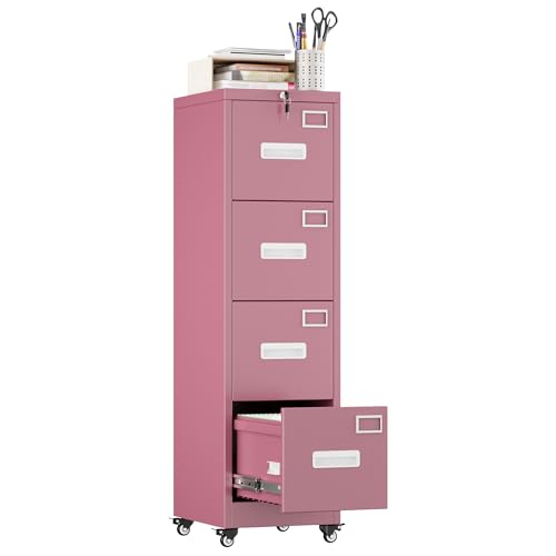 Image of Aobabo 4 Drawer File Cabinet with Lock, Metal Vertical Filing Cabinet with Wheels, Anti-Tilt Interlock System, Locking Office Storage for Letter /Legal Files,Pink,Required Assembly