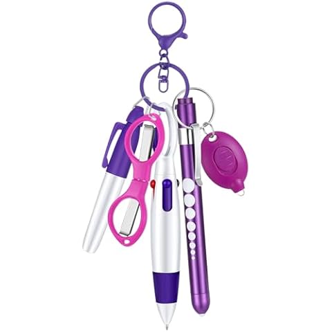 MotiMind 6 Pcs Nurse Pen Set Include Permanent Marker Pen Pen Lights for Nurses Retractable Ballpoint Pen Nursing Keychain Clip Foldable Scissors LED Flashlight Keychain for Nurse Accessories (Purple) Cover
