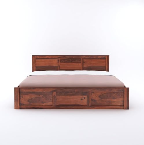 Image of Solid Sheesham Wood King Size Bed Without Storage | Wooden Double Bed Cot Palang with Headboard for Bedroom, Guest Room, Living Room, Hotels and Home (Honey Finish)
