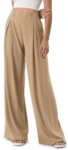 ODODOS Chiffon Flowy Pleated Wide Leg Pants for Women Built-in Shorts Lightweight High Waist Trouser with Pockets-29 Inseam, Desert, Medium
