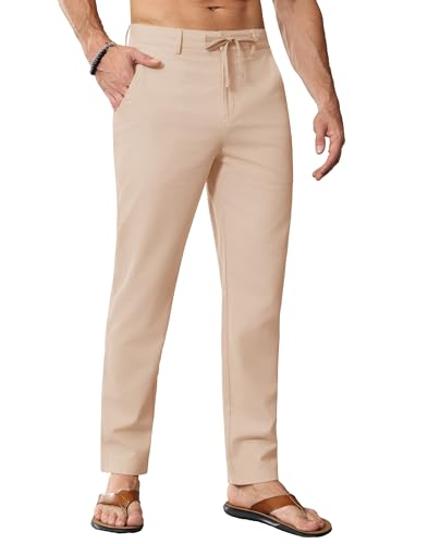 JWM Linen Dress Pants for Men Summer Casual Beach Lightweight Comfy Trousers Travel Vacasion Pants with Zipper Pocket 32