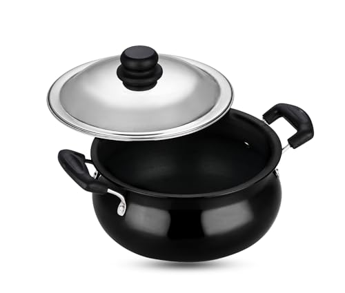 Vinod Black Pearl Hard Anodised Handi – Stainless Steel Lid – Medium Size – 5 Liters (5.2 Quarts) – Suitable For Biryani, Pulao, Gravy –Aluminum Pot - Metal Spoon Friendly – 21 Cups