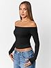 Trendy Queen Womens Long Sleeve Off The Shoulder Tops Going Out Basic T Shirts Cute Sexy Crop Boat Neck Y2K Corset Concert Fall Fashion 2026 Outfits Clothes Black M #2