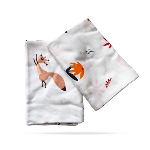 Image of Tinylane 100% Cotton Printed Swaddle Wrap for Newborn Baby | Soft & Breathable Muslin Blanket, 90 x 90cm, Skin-Friendly | for 0-2 Years | Pack of 2 (Brown Naughty Squirrel & Orange Daisy)