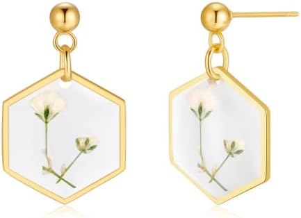 Pressed Flower Earrings | Handmade Earrings Stud | Pressed Baby's Breath Flower Earrings | Resin Dangle Earrings for Woman | Symbol of Love and Innocence | Gift for Woman | Diameter 16mm