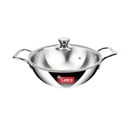 Image of Camro Triply Artisian kadhai 1.2 Liters with Glass Lid | Kadhai for Deep Frying | Kadhai Induction Base | Kadai for Cooking Stainless Steel | Induction Friendly Dishwasher Safe | 6 Years Warranty