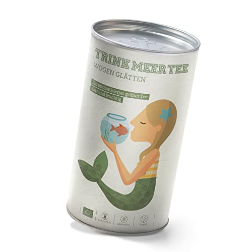 Trink Meer Tee WOGEN GLÄTTEN - Bio Grüner Tee | hocharomatisch | Bio Sencha mit Mango, Pfirsicharomen und Ringelblumenblüten | aromatisierter loser Sencha Tee in hübscher Teedose I Geschenk | 120g Cover