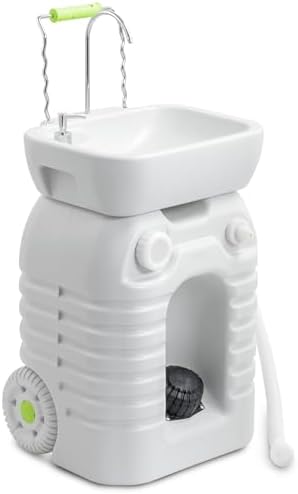 YITAHOME Portable Camping Sink, 45 L Handwashing Station with Adjustable Wash Basin, Soap Dispenser, Metal Handle, Large Wheels for Outdoor, Travel, Boat, Gather, Garden, Worksite, White