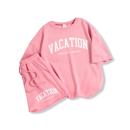 Image of Size 6-12 Years Girl's Tracksuit Sets 2 Piece Outfits Letter Print Vacation Tee Top and Drawstring Waist Shorts