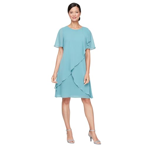 S.L. Fashions Women's Short Chiffon Tulip Overlay Wedding Guest Dress with Short Sleeves and Bugle Bead Embellishment, Sea, 18