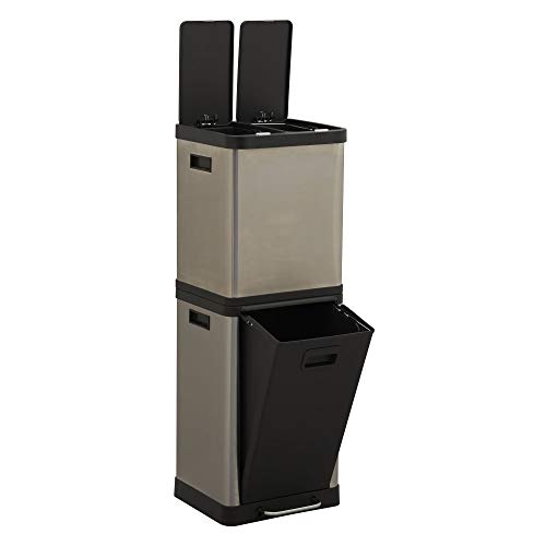 Design Trend Silver Stainless Steel Recycling Trash Can Tower with Multiple Compartments | 2 x 8 L & 20 L