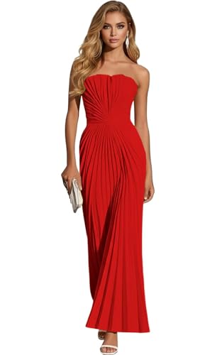 DJFLFU Strapless Chiffon Bridesmaid Dress Pleated Long Prom Gown with