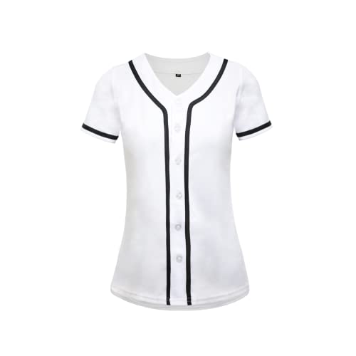 Chobegos Womens Baseball Jersey,Blank Button Down Baseball Softball Jersey,Hip Hop Hipster Short Sleeve Active Shirts (As1, Alpha, L, Regular, Regular, White) #TOP1