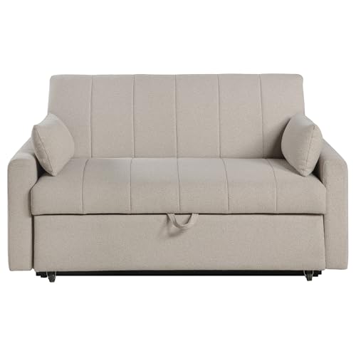 Sleeper Sofa, Sofa Bed, Latte Bouclé Convertible Sleeper Sofa, Pull-Out Couch with Casters and Matching Bolster Pillows, Channel Tufted Fabric Sofa for Living Room and Den, 59.75 Inch - Image 5