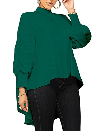 Bwq Women's Long Puff Sleeve Round Neck High Low Asymmetrical Irregular Hem Button Down Tops Blouse Shirt Deepgreen S #TOP16