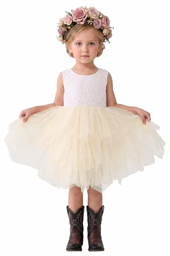 2Bunnies Girl Peony Lace Back A-Line Tiered Tutu Tulle Flower Girl Dress (No Applique Ivory, 9-10YRS)