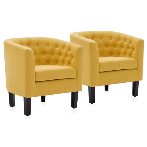 Image of BELLEZE Yellow Accent Chairs for Living Room, Set of 2 Elegant Arm Chairs, Upholstered Tufted Barrel Chairs Club Chairs for Bedroom with Sturdy Legs and Linen Fabric - Berlinda (Yellow)