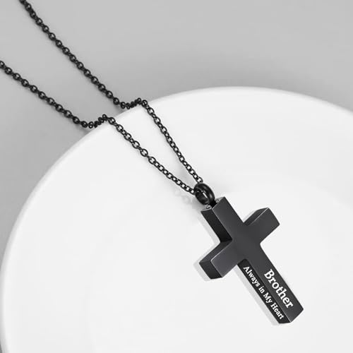 Cross Urn Necklace for Ashes for Men Women Cremation Jewelry Urns Locket Pendant Ashes Holder Memorial Jewelry-Always in My Heart,Black Brother by MOSURNSJWY - Used condition - Image 3