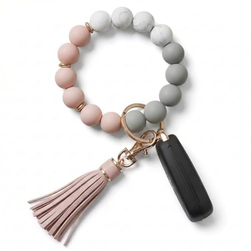 BIHRTC Keychain Bracelet Silicone Bead Wristlet Key Chain Bracelet Beaded Wrislet Portable House Car Key Ring Holder Beaded Bangle Wristlet Keychain Tassel