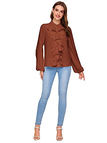 SheIn Women's Long Sleeve Button Down Lotus Ruffled Work Shirt Chiffon Blouse Top Rust Brown Medium