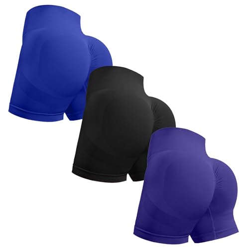 OVESPORT 3 Piece Workout Shorts for Women Seamless Scrunch Butt Lifting High Waisted Yoga Gym Booty Running Short Pants Small Dark Blue/Black/Purple Blue