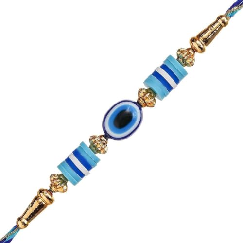 Image of eCraftIndia Evil Eye Rakhi for Brother With Gift Combo Set Hamper | Single Raksha Bandhan Rakhi for Bhai Bhaiya Bhabhi Kids Boy | Best Bro Ever Fridge Magnet | Roli Chawal Pack