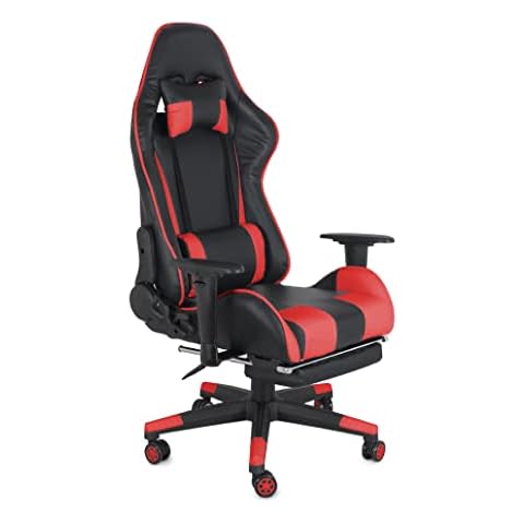 COMFTY Gaming Chair with Fold-Away Footrest, Height Adjustable Gamer Chair & Support Pillows and 2D T-Armrests Deluxe Leather Reclining Office Chair, Black/Red Cover