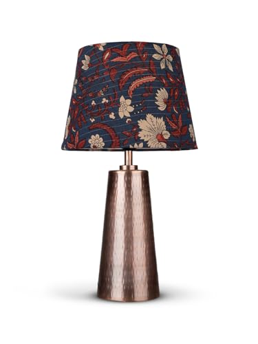Image of Green Girgit Copper Etched V-Shaped Lamp with Taper Muticolor Blue Shade | Galvanized Iron Bedside Night & Reading Table Lamp | Metal Handcrafted Lamp | Living Room & Home Decor Item