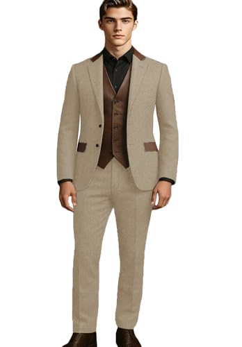VENNYNG Men's Herringbone 3-Piece Suit Vintage Tweed Blazer Pants with PU Leather Vest for Wedding Groom Formal