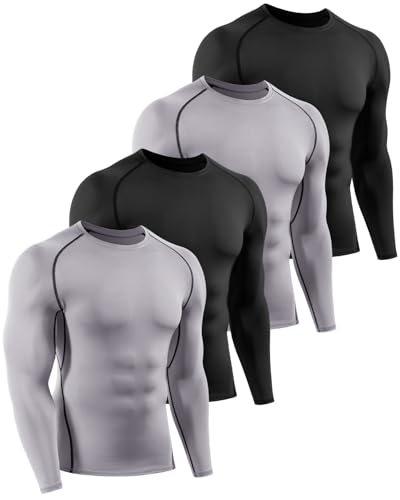 ATTIQOZI 4 Pack Kompressionsshirt Herren Langarm Schnelltrocknend Funktionsshirt Herren Atmungsaktives Laufshirt Longsleeve Sportshirt Männer für Workout Jogging Gym Schwarz/Grau/Schwarz/Grau L