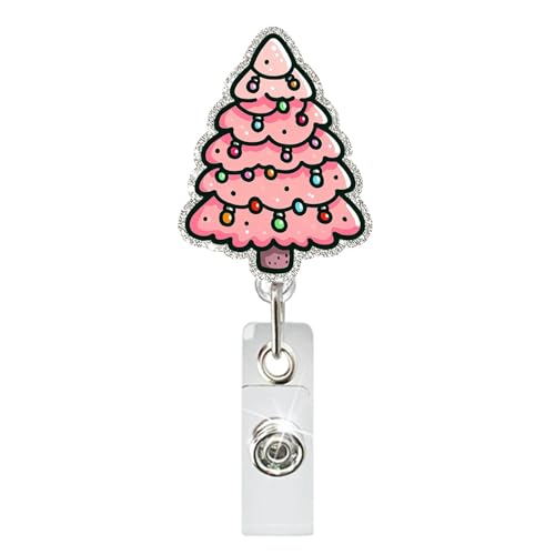 Kerstbadge-haspel intrekbare clip voor verpleegster, roze kerstboom badgehouder met 360 ° rotatie krokodillenklem voor kantoor arts student naamkaartlabel