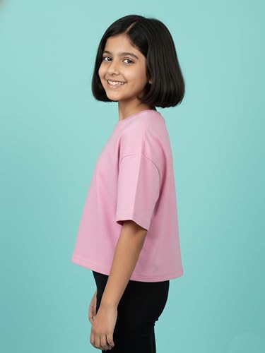 Image of KiddoPanti Girls 100% Cotton Solid Drop Shoulder Half Sleeve Round Neck Crop Tee