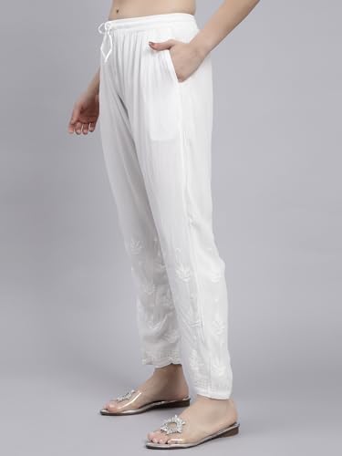 Image of Seva Chikan Hand Embroidered Lucknowi Chikankari White Viscose Georgette Trouser Palazzo for Women SCL11027